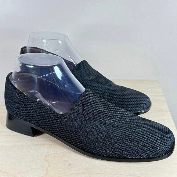 VTG 90s Women’s Loafer Square Toe Black Quiet Luxury Leather Fabric 8.5 - Picture 1 of 8